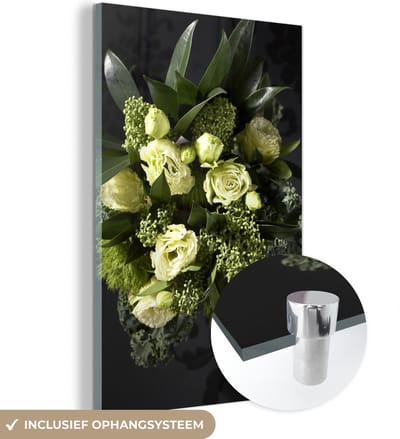® Glasschilderij 120x180 cm - Schilderij acrylglas - Witte boeket van skimmia bloemen - Foto op glas - Muurdecoratie woonkamer - Wanddecoratie slaapkamer - Schilderijen