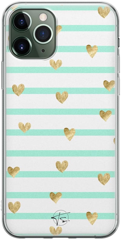 Hoesje geschikt voor iPhone 11 Pro Max - Mint hartjes - Soft Case - TPU - Print - Blauw - Mooie Telefoonhoesjes