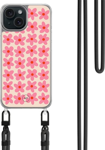 Hoesje met koord geschikt voor iPhone 13 - Retro blooms - Inclusief zwart koord - Crossbody beschermhoes - Transparant, Roze - Mooie Telefoonhoesjes