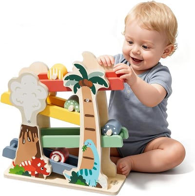 Houten Dinosaurusspeelgoed met Spoorweg en 4 Scooters, Montessori Speelgoed voor Baby's vanaf 1 Jaar