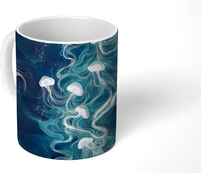 Mok - Koffiemok - Kwallen - Zee - Wit - Golven - Mokken - 350 ML - Beker - Koffiemokken - Theemok