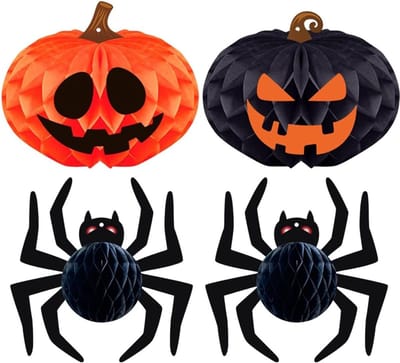Decoratieve Papieren Lantaarns - 4 Stuks Vouwbare Lampionnen met Honingraatbal en Pompoen-Spinnen Slingers voor Halloween Feestdecoratie