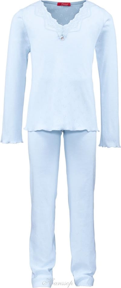 Luxe mooie zacht blauwe Girly Pyjama Set van Hanssop met verfijnde kant details, Meisjes pyjama, licht blauw, maat 116
