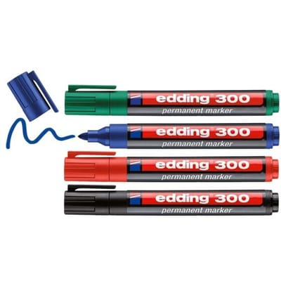 edding 300 permanent marker - zwart, rood, blauw, groen - 4 stiften - ronde punt 1,5-3 mm - water en wrijfvast - voor karton, kunststof, hout, metaal, etc. - alcohol markers voor volwassenen