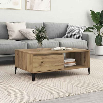 vidaXL - Salontafel - artisanaal - eikenkleurig - 90 - x - 60 - x - 35 - cm - Bewerkt - hout