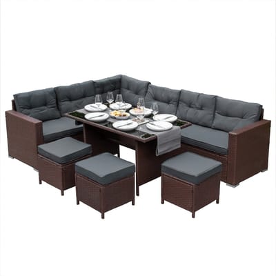 Jardí polyrattan hoekmeubelset - bruin - 9-zits - 9 cm dikke kussens