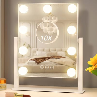 Hollywood Make-upspiegel met Verlichting en Dimbare LED-lampen - 3 Kleurverlichtingsmodi, 10x Vergrotende Spiegel, 360° Rotatie