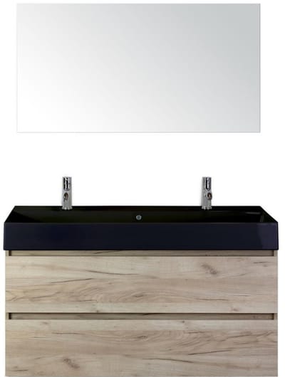 Maxx XL Badmeubelset 120 cm - Craft Oak - Wastafel Kube Enkel Zwart 2 Kraangaten met Spiegel