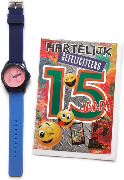 Wenskaart Hartelijk Gefeliciteerd 15 jaar! + Verjaardag Horloge 15 jaar - HOR-15-BLAUW