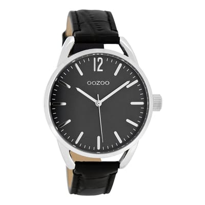 OOZOO Timepieces - Zilverkleurige horloge met zwarte leren band - C8339