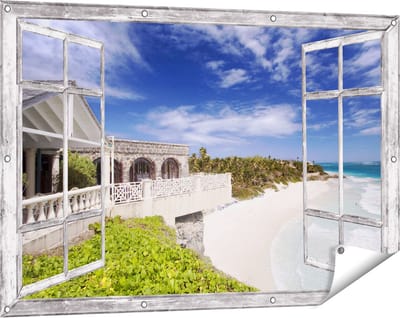 Gards Tuinposter Doorkijk Het Strandhuis - 120x80 cm - Tuindoek - Tuindecoratie - Wanddecoratie buiten - Tuinschilderij