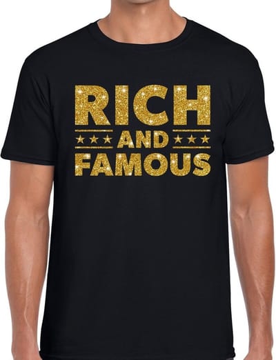 Rich and Famous - goud glitter tekst - t-shirt - zwart - heren - foute VIP party kleding - verkleed shirts S