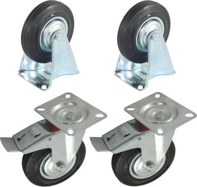 Tarsus Transportwielen set - 125 mm - Zwenkwiel met rem & bokwiel - Stalen velg - Rubberen band - 100 kg draagvermogen