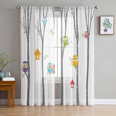 Uil met boomtak Transparante raamgordijnen voor woonkamer slaapkamer moderne voile tule gordijnen stoffen gordijnen voor keuken 135W x 114H(cm) white