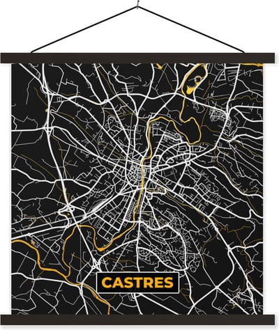Posterhanger incl. Poster 60x60 cm - Schoolplaat - Kaart - Stadskaart - Plattegrond - Castres - Frankrijk - Textielposter - Zwarte latten - Stadskaart