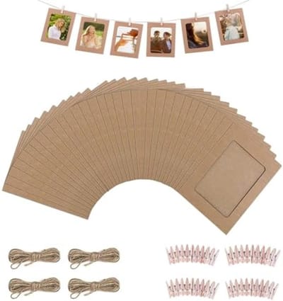 PromoHome Kraft Papieren Fotolijst Set - 40 Stuks Bruine Lijsten met Natuurlijke Touw en Houten Klemmen voor Wanddecoratie