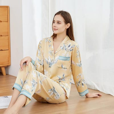Gele Bedrukte Casual Lounge Wear Satijn Lange Mouw Broek 2-Delige Pyjama Sexy Dames Revers Intieme Lingerie Pyjama 2XL geel