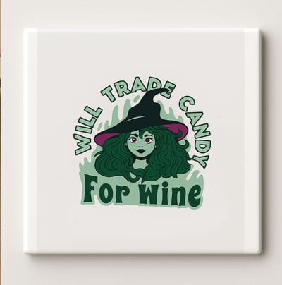 Grappige Heks Tegel “Will Trade Candy for Wine” 15x15 cm – Humoristische Halloween Keramische Wanddecoratie Cadeau voor Wijnliefhebbers