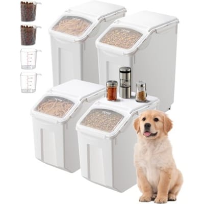 VEVOR Rijstbewaarcontainers Hondenvoerdispenser 4 stuks 2 x 15 L / /20 L x 2 Containers voor Keuken Ingrediënten Granen, Huisdiervoercontainer met Wielen Maatbeker Luchtdichte Deksel