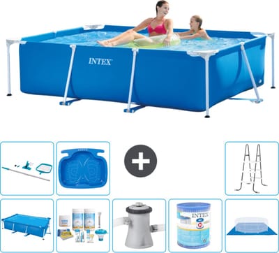 Intex Rechthoekig Frame Zwembad - 220 x 150 x 60 cm - Blauw - Inclusief Solarzeil - Onderhoudspakket - Zwembadfilterpomp - Filter - Grondzeil - Schoonmaakset - Ladder - Voetenbad - 9-delig