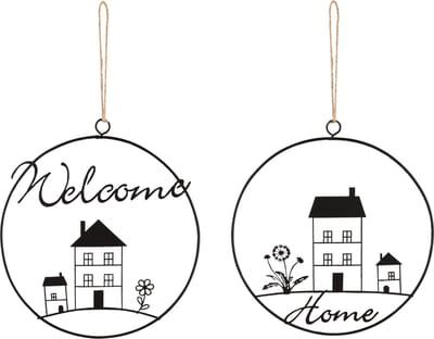 Dekoratief | Hanger ring m/huisje 'Welcome/Home',metaal,18x16cm, set van 2 stuks | A240538