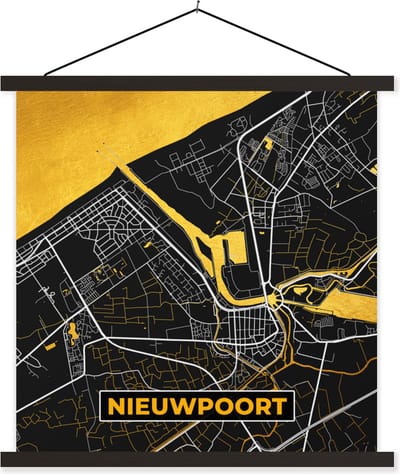 Posterhanger incl. Poster 60x60 cm - Schoolplaat - Plattegrond - Gold - Nieuwpoort - Stadskaart - Kaart - Textielposter - Zwarte latten - Stadskaart
