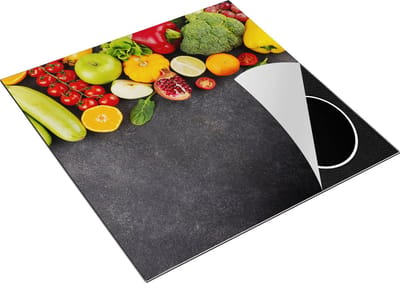 Chefcare Inductie Beschermer Groente en Fruit op Zwarte Marmer - 78x78 cm - Afdekplaat Inductie - Kookplaat Beschermer - Inductie Mat