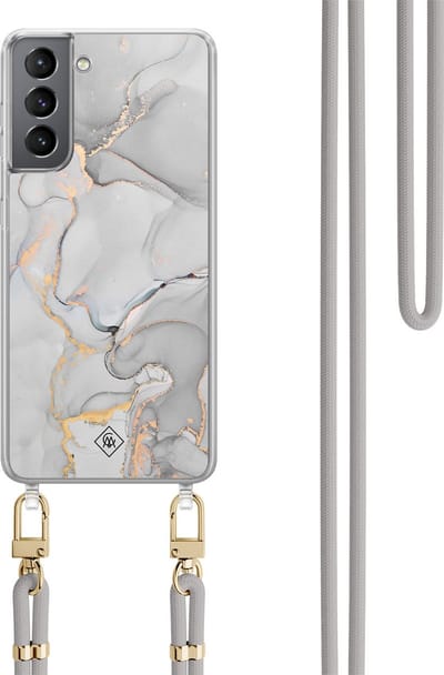 Casimoda® hoesje met koord - Geschikt voor Samsung S21 - Marmer Grijs - Afneembaar koord - TPU/polycarbonaat - Grijs