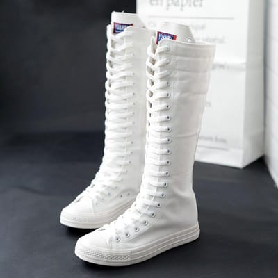 Printemps automne femmes chaussure toile décontracté chaussures hautes botte longue à lacets fermeture éclair confortable botte plate baskets Tenis Feminino 36 gray