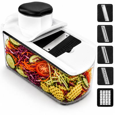 Mandoline Keukensnijder & Groentesnijder - Multifunctioneel 10-delig - Met Opvangbak 1,7L - RVS Messen & Veiligheidshouder - Wit - Vivid Green