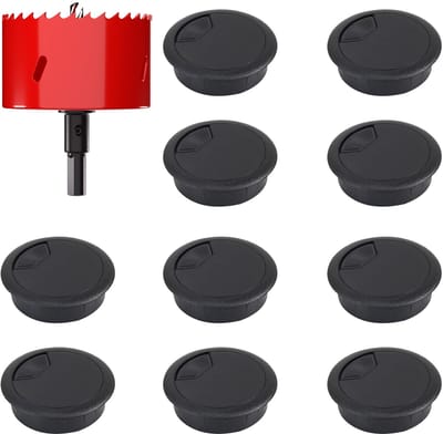 Dailygoods - Kabeldoorvoer voor bureau, 10 stuks 60 mm kabeldoorvoer met 1 gatenzaag, kabeldoorvoer voor tafel, kantoor, werkbladen (zwart)