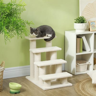 HAUSS SPOLE Dierentrap – 4 Treden – 63,5 x 43 x 60 cm – Spaanplaat En Pluche – Crèmewit – Voor Hond En Kat – Binnengebruik