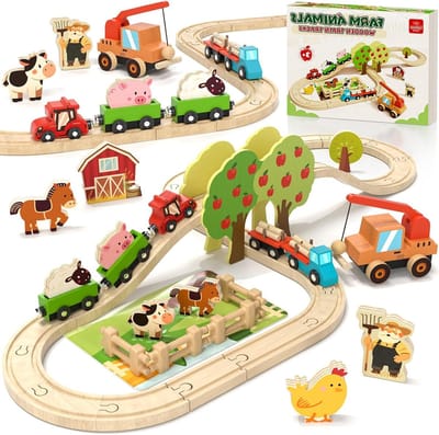 Houten Spoorwegset met Boerderijthema, Inclusief Houten Dieren en Koeien, Speelgoed voor Kinderen van 3 tot 5 Jaar