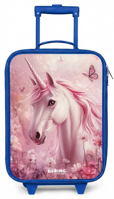 NoBoringSuitcases.com® - Kinderkoffer blauw - Kindertrolley jongen - Eenhoorn - Roze - Vlinders - Bloemen - Koffer kind lichtgewicht - Reiskoffer trolley voor kinderen - Koffertje met lichtgevende wieltjes - Rolkoffer