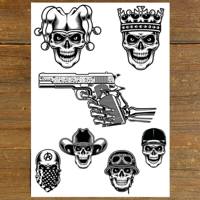 GetGlitterBaby® - Tijdelijke Tattoos / Tijdelijke Henna Festival Plak Tattoes / Nep Tatoeage voor Volwassenen / Fake Temporary Tattoo Sticker -Skulls & Gun