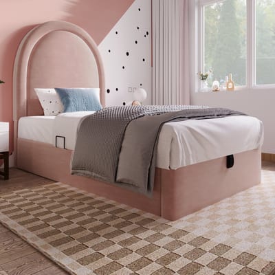 DESMIU Gestoffeerd Bed 90 x 190 cm – Kinderbed Met Hydraulische Opbergruimte – Praktisch Hoofdbord Voor Slaapkamer – Zacht Fluweel – Roze – Zonder Matras