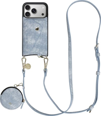 AVY Hoesje geschikt voor Apple iPhone 17 Pro | Met Koord, Wallet en Pouch | Compatibel met MagSafe | Kunstleren Case met 130CM Koord | Long Denim | Denim