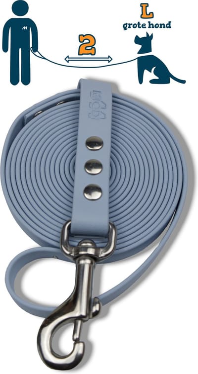 Miqdi hondenriem – BioThane ® - pastel blauw - 2 meter lang - 19 mm breed - L/XL - grote hond