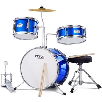 VEVOR 3-delige drumset met verstelbaar pedaal, twee paar drumstokken, ca. 20 cm tomdrum, 25 cm snaredrum, 36 cm basdrum, startersdrumset voor kinderen, blauw