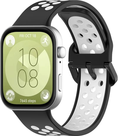 Strap-it Ademend siliconen sport bandje met gespsluiting - geschikt voor Huawei Watch Fit 3 / Watch Fit 4 / Watch Fit 4 Pro / Watch Fit 5 / Watch Fit 5 Pro (zwart/wit)