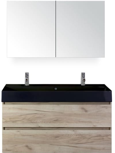 Maxx XL Badmeubelset 120 cm - Craft Oak - Wastafel Kube Enkel Zwart 2 Kraangaten met Spiegelkast
