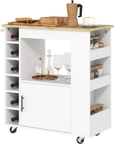 Keukentrolley met wielen - Serveerwagen met flessenhouder - Mobiel keukeneiland - Opbergkast - 83x40x83 cm - Ruimtebesparend - Keuken Eiken afwerking