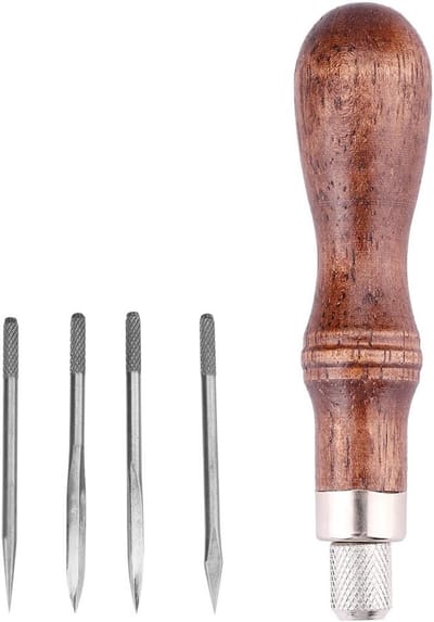 4-in-1 Leer Naald Gereedschap met Houten Handvat voor Handmatig Leren, Gaten Ponsen en DIY Leerprojecten