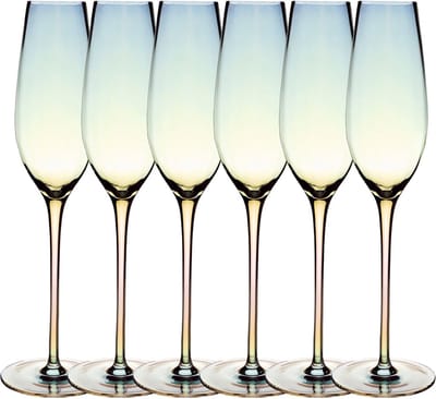 Intirilife 6x Champagneglas met Regenboog Glinstering en Golvende Vorm - 200 ml Inhoud - Prosecco Mousserend Glas Vaatwasmachinebestendig Schokbestendig Kristalglas