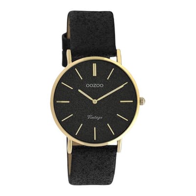 OOZOO Vintage series - goudkleurige horloge met zwarte leren band - C20204 - Ø32