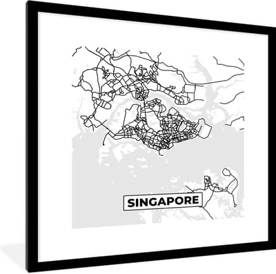 Fotolijst incl. Poster Zwart Wit- Singapore - Plattegrond - Stadskaart - Zwart Wit - Kaart - 40x40 cm - Posterlijst