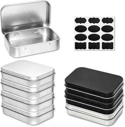 Kleine rechthoekige metalen blikjes, 8 stuks, ideaal voor snoep, pillen en kleine voorwerpen, draagbare opbergdozen (4 zilver + 4 zwart)