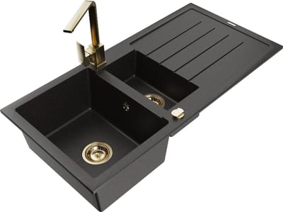 Mexen Andres granieten spoelbak 1,5-komerig met afdruiprek en keukenkraan Rita, zwart/gouden metallic- 6515-75-670300-50