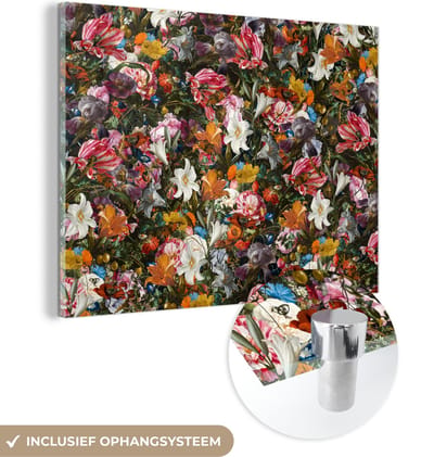 MuchoWow® Glasschilderij 160x120 cm - Schilderij acrylglas - Bloemen - Vlinder - Design - Kunst - Abstract - Schilderij - Oude meesters - Foto op glas - Schilderijen