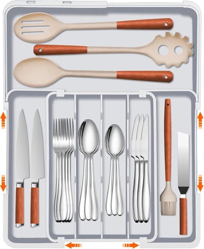 Bestekbak met Verwijderbaar Messenblok, Bestekbak voor Laden, Zilverwerk Organizer, Verstelbare Besteklade, Organizer voor Keuken (Grijs-X)